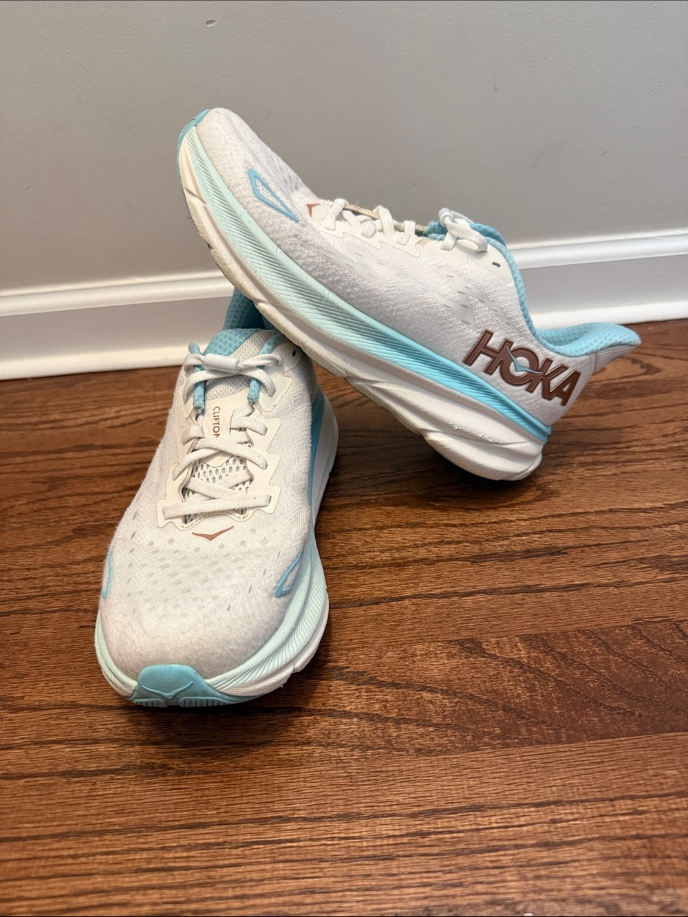 Hoka Clifton 9 White and Light Blue Women's Running Shoes